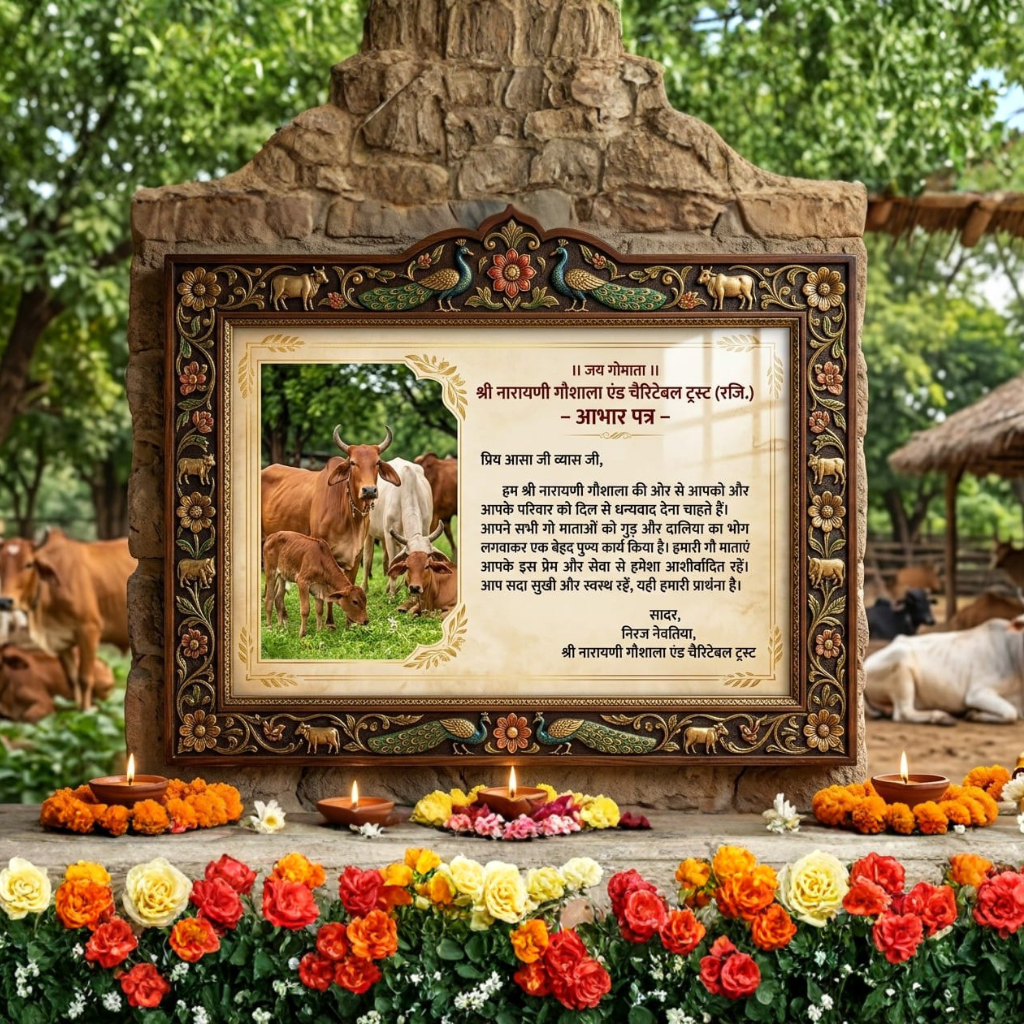 Shree Narayani Gosala Abhar Patra certificate for cow seva